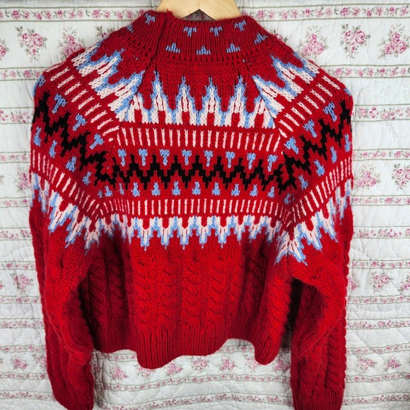 Zara Fair Isle Knit Sweater Mock Neck Pullover Red Blue White Small‎ - Picture 1 of 7